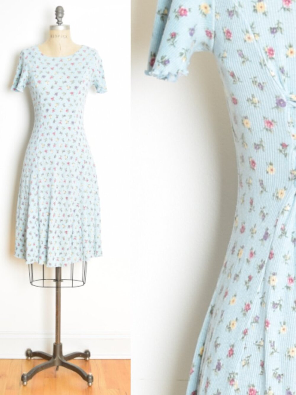 vintage 90s dress blue floral print corset lace up grunge ribbed midi XS S